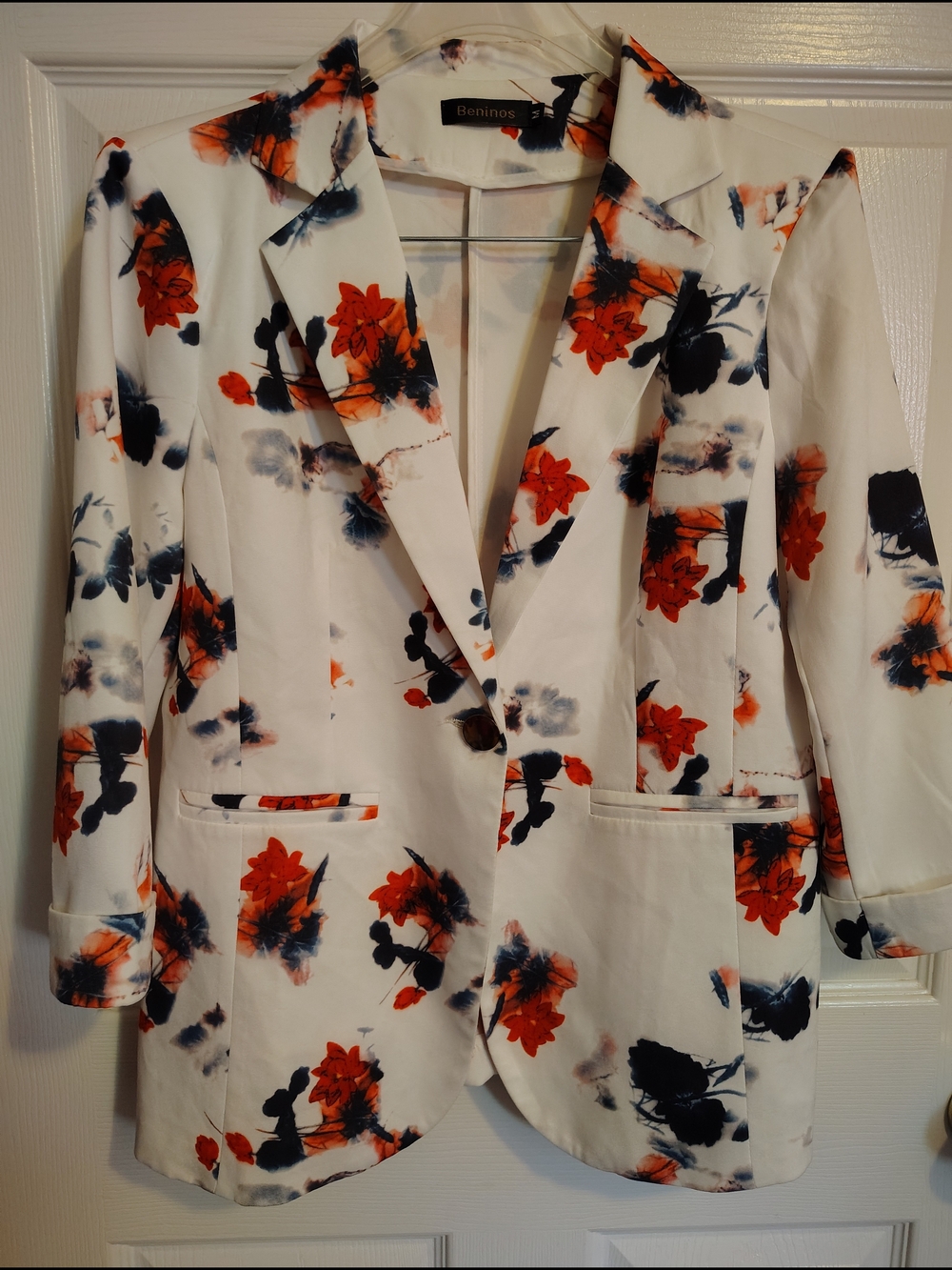 White Floral Blazer with Red & Navy Accents